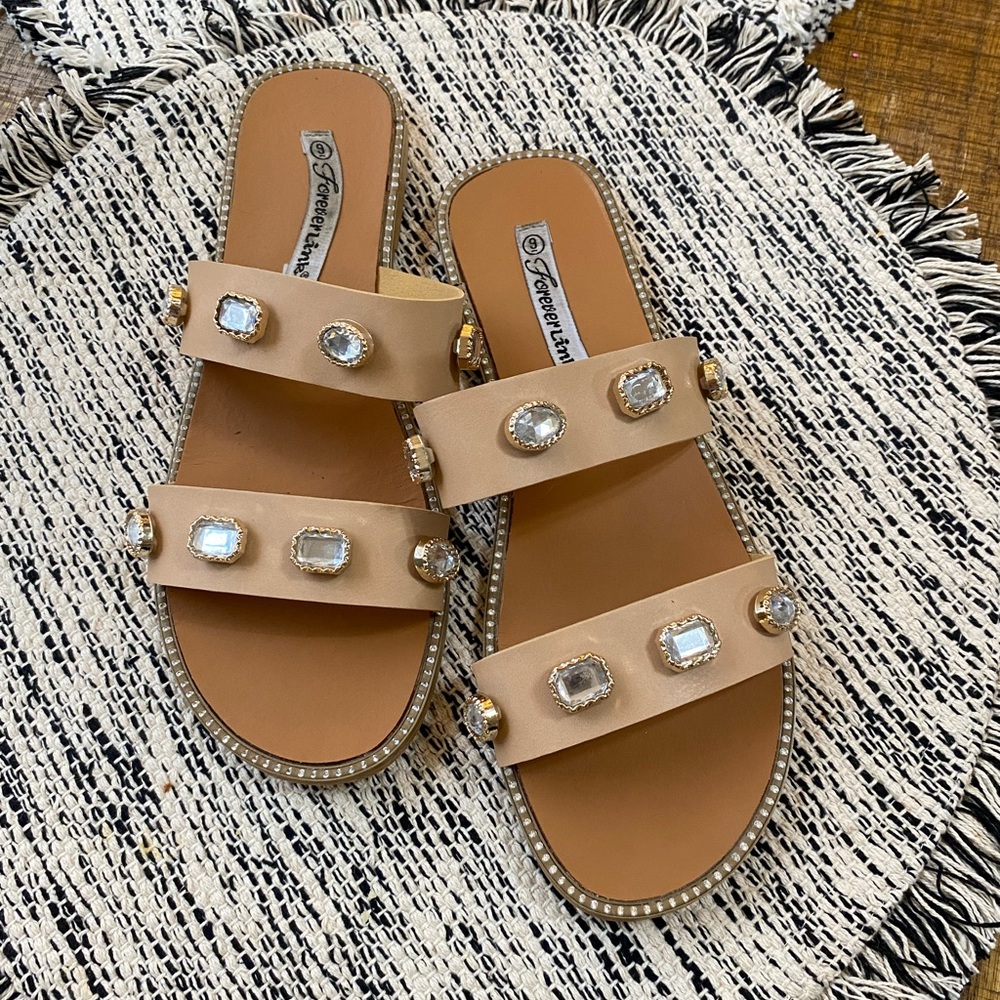 Tan Leather Slide Sandals with Studded Straps | Size 9
